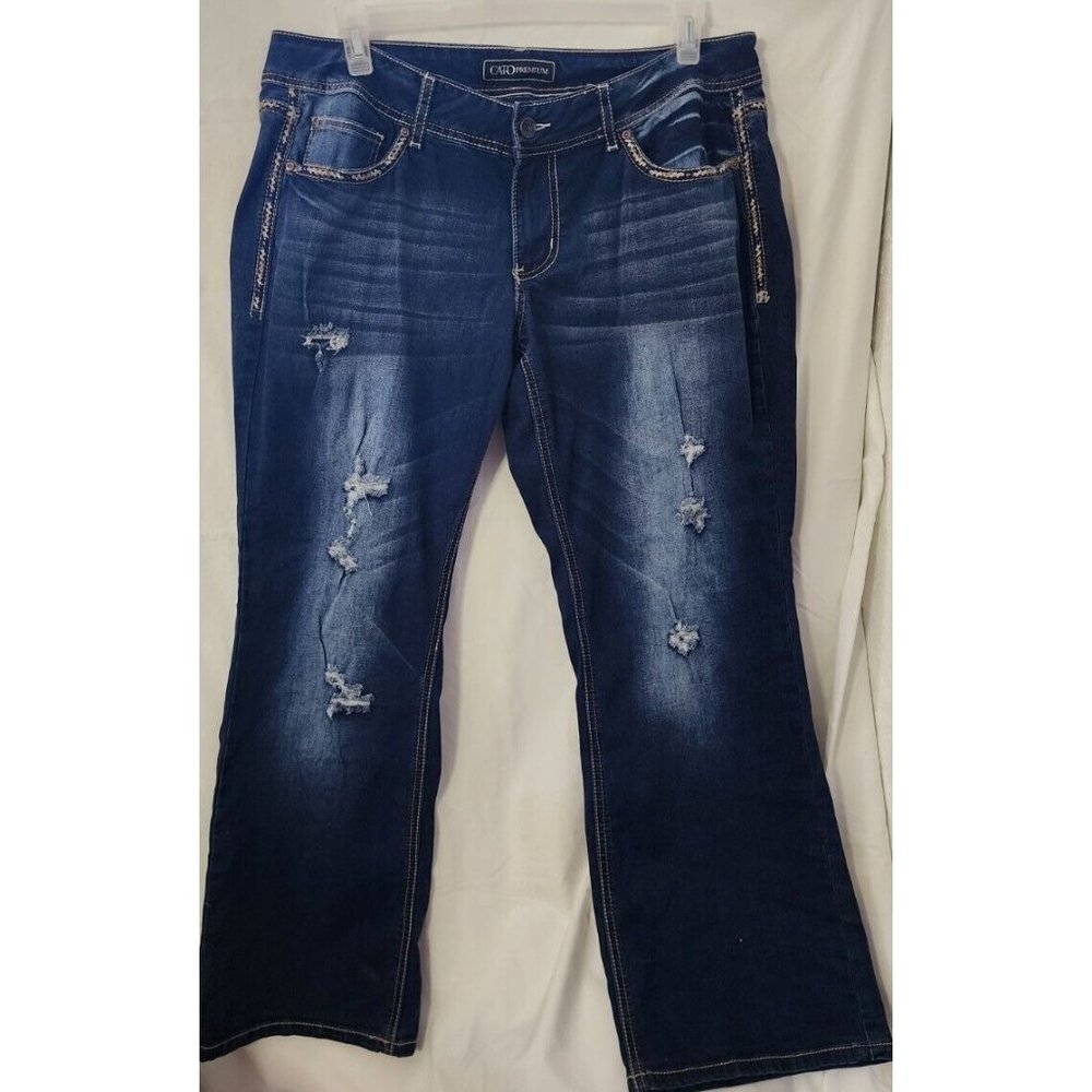 CATO Womens 14P Petite Distressed Jeans Premium Stretch Bootcut  Rhinestones